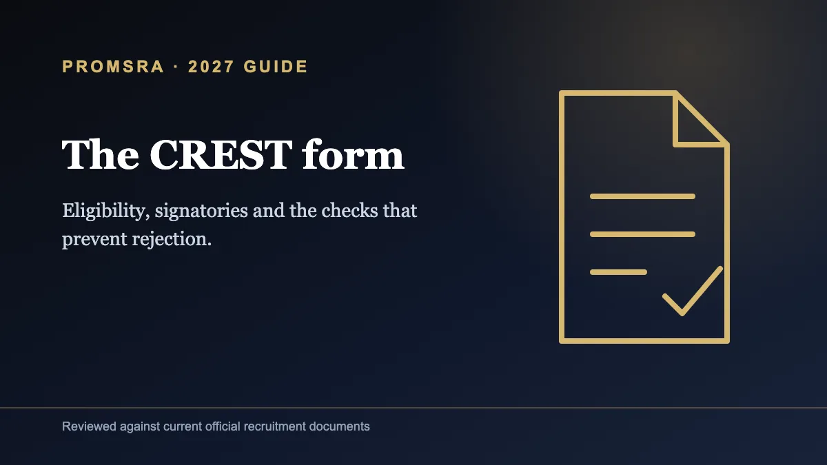 Editorial document and check-mark graphic for the CREST form guide